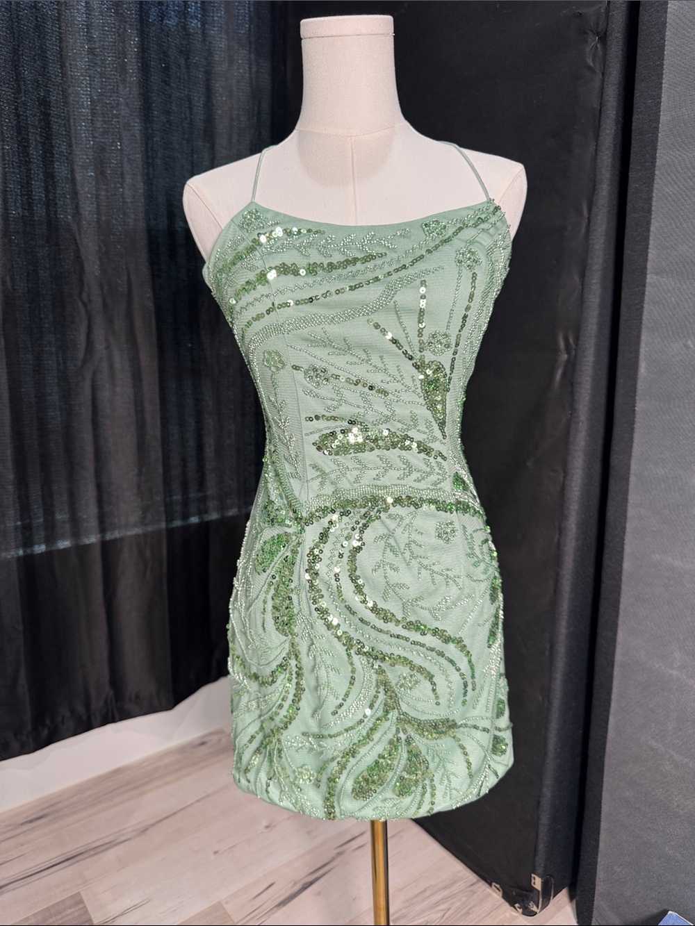 Sequin-Embellished Mint Green Mini Dress with Spaghetti Straps - Picture 3 of 4